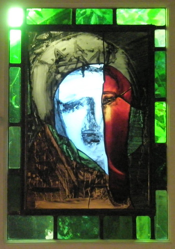 Mandylion, Kristi ansigt. Glasmosaik af Peter Brandes. Davids kirke, Koldinggade 11, 2100 København Ø. Foto Lene Herbert